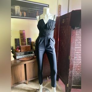 Stunning black pleated mod glamorous couture jumpsuit chic vamp goth pinup